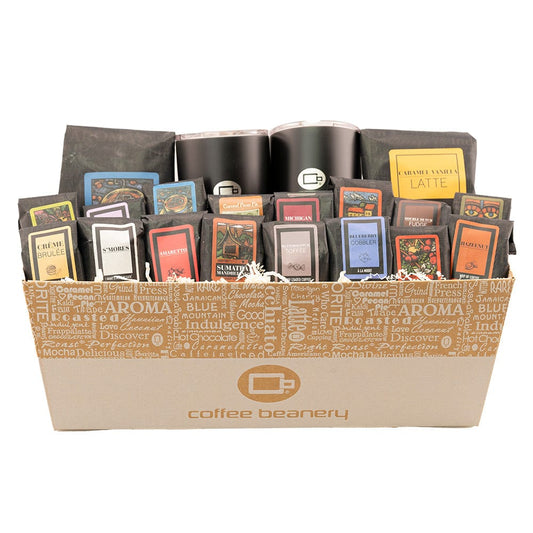 The VIP Coffee Gift Basket with travel mugs and assorted coffee packages.