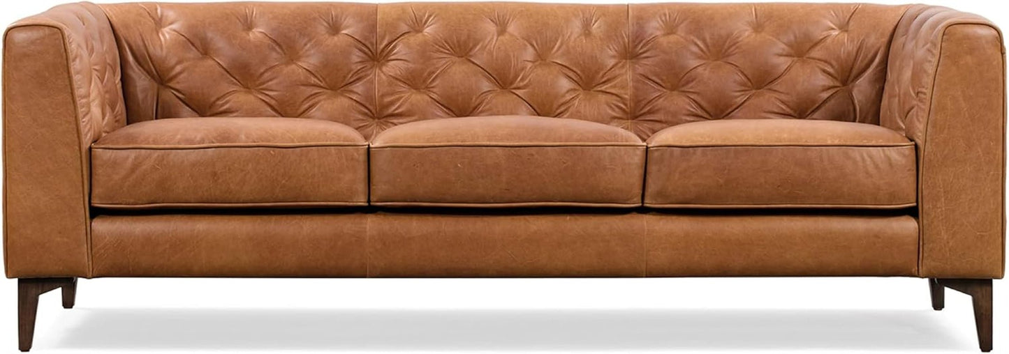 Cognac Tan Leather Sofa with Tufted Back Design