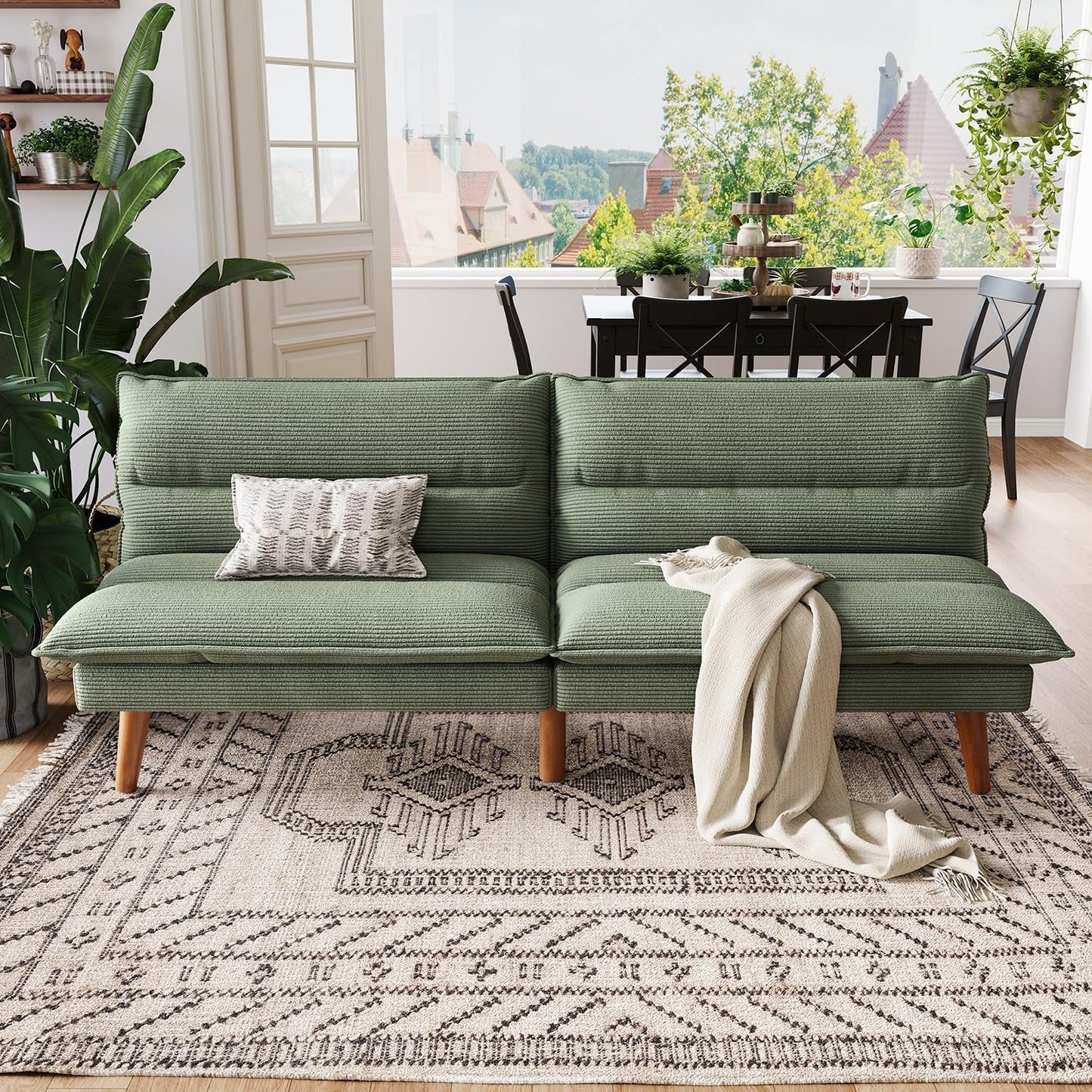 Comfortable Green Futon Sofa Bed with Adjustable Backrest