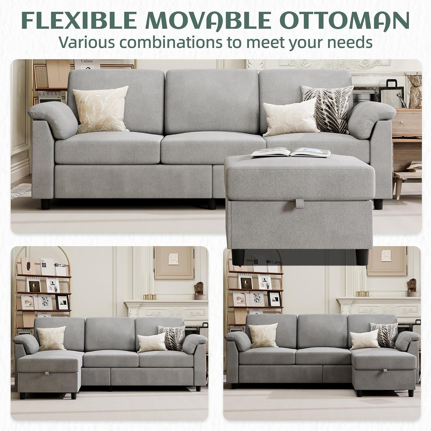 Comfortable L Shaped Convertible Sectional Sofa with Pillows