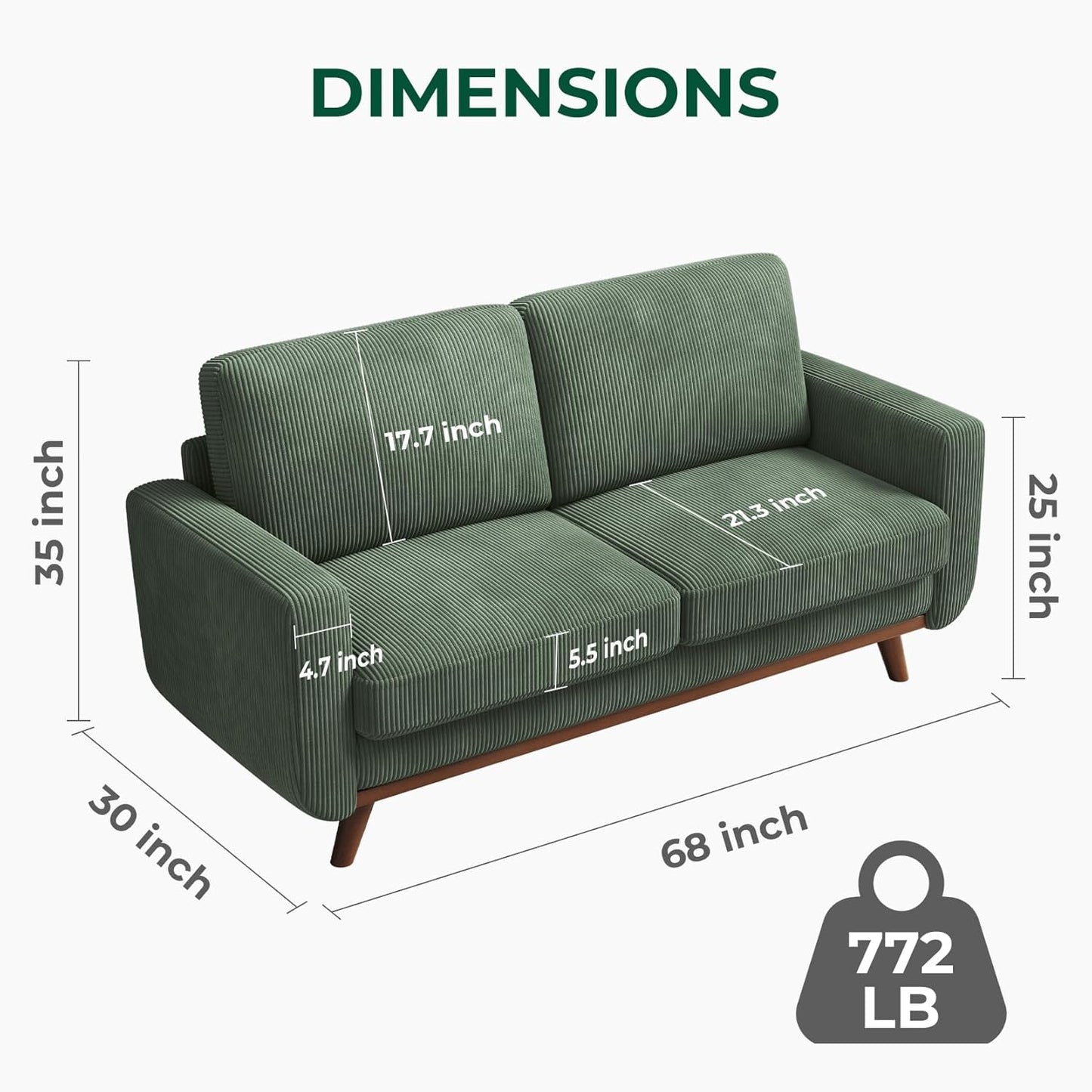 Comfy Green Corduroy Loveseat Sofa with Solid Wood Frame