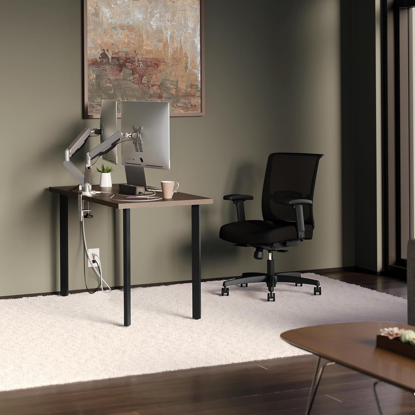 Compact Walnut Computer Desk with Black Base for Small Spaces
