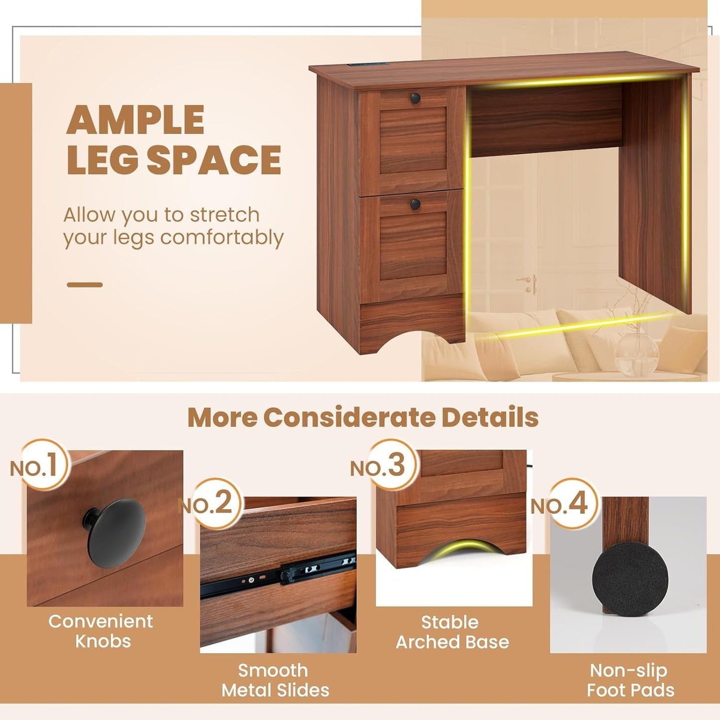 43 Inch Walnut Computer Desk With Charging Station