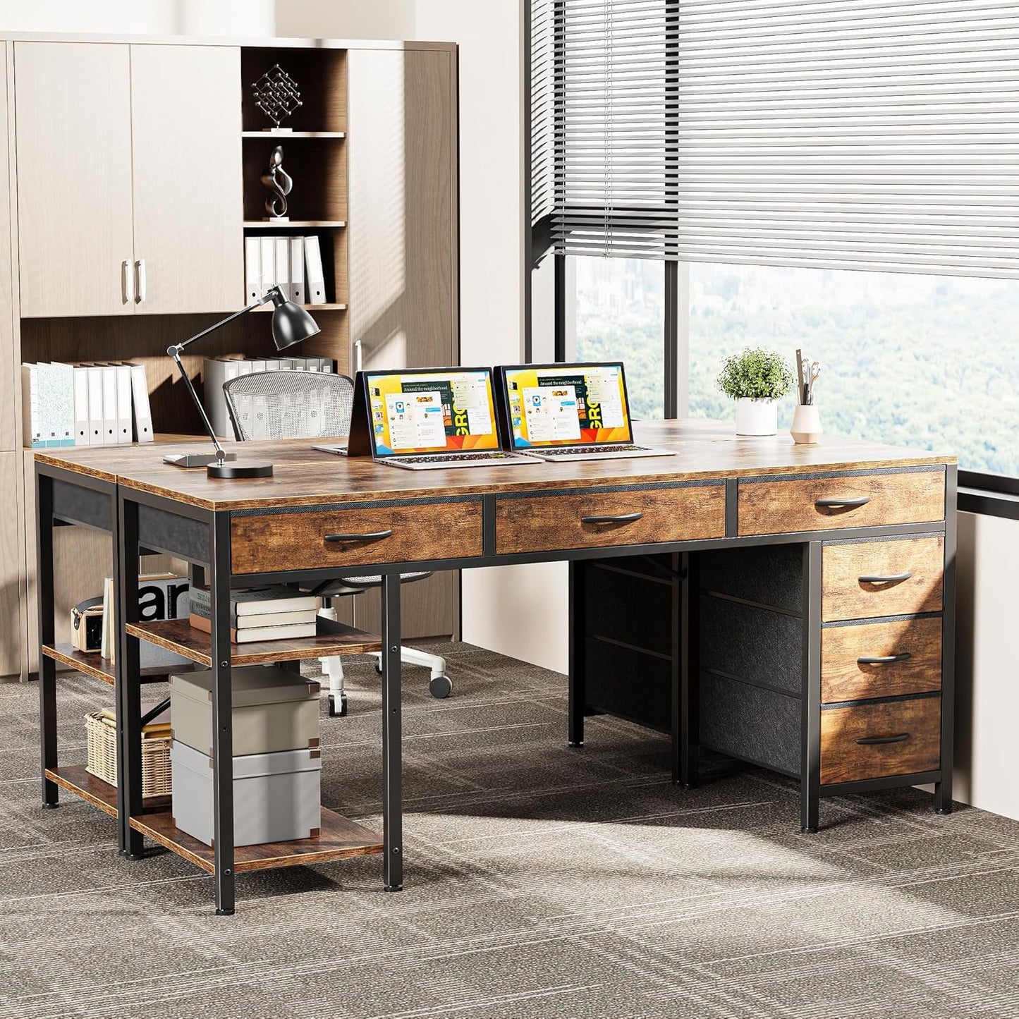 54 Inch Computer Desk With 6 Drawers And Shelves Rustic Brown