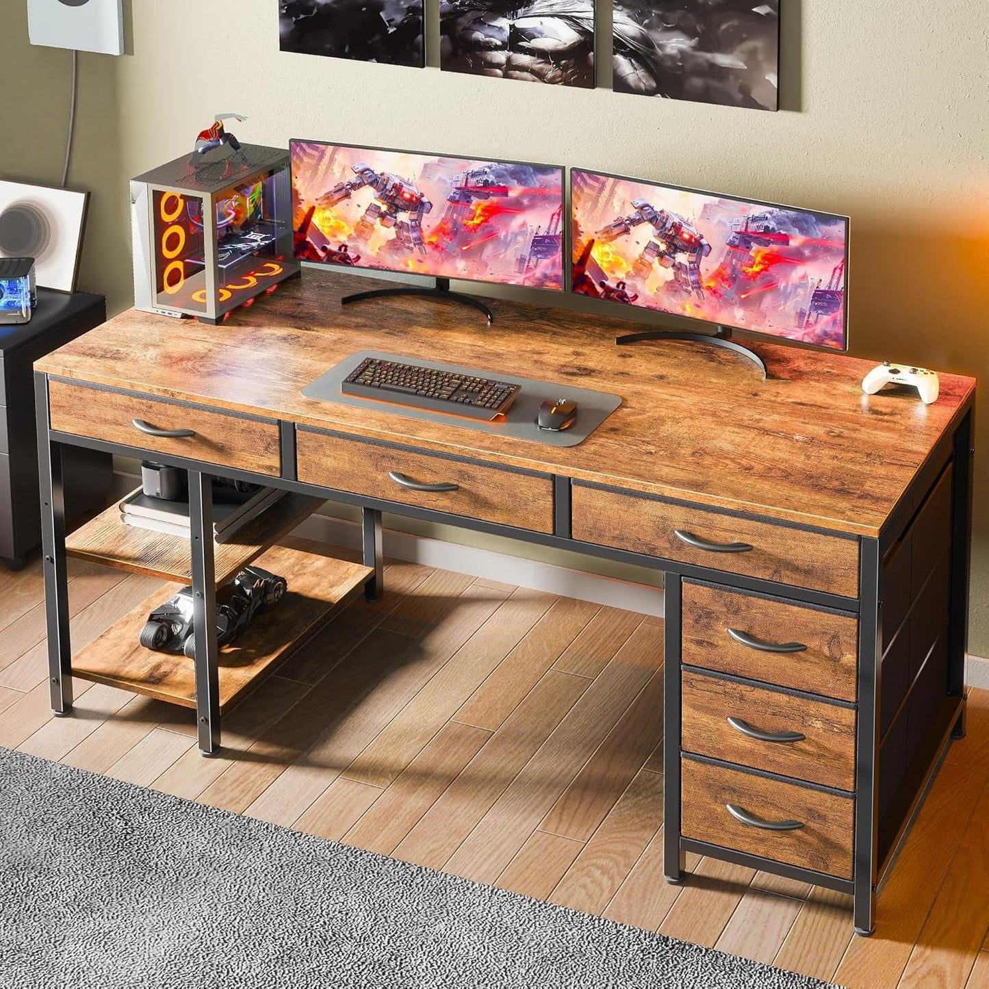 54 Inch Computer Desk With 6 Drawers And Shelves Rustic Brown