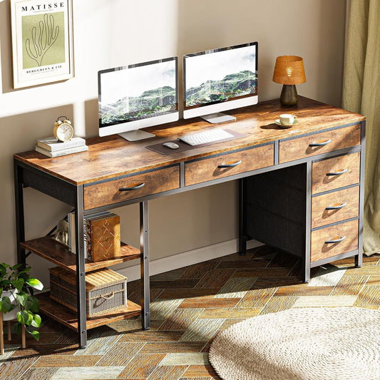 54 Inch Computer Desk With 6 Drawers And Shelves Rustic Brown