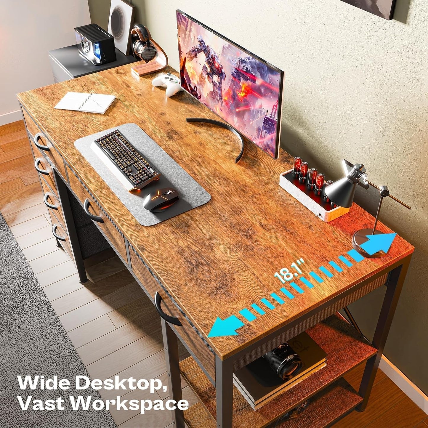 54 Inch Computer Desk With 6 Drawers And Shelves Rustic Brown