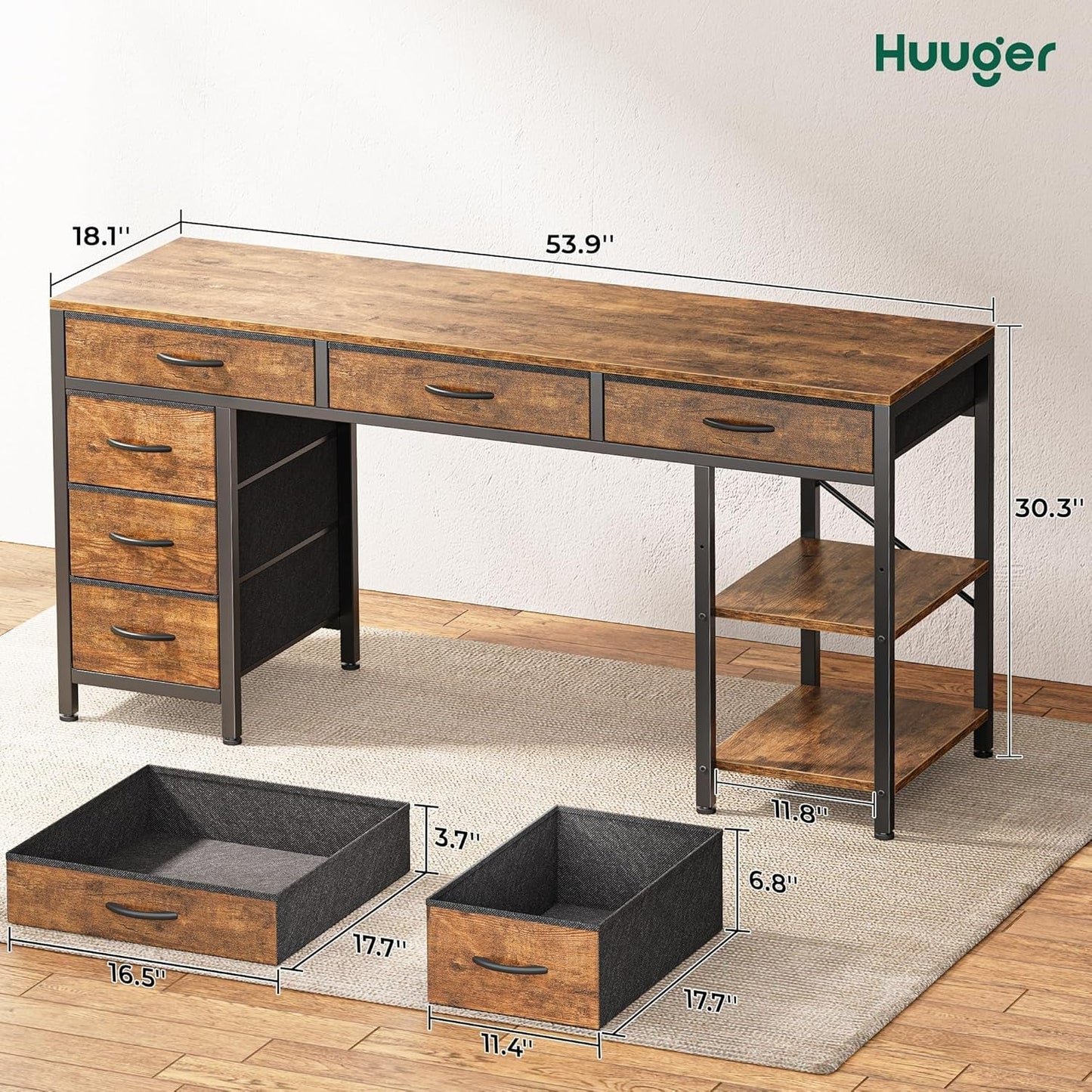 54 Inch Computer Desk With 6 Drawers And Shelves Rustic Brown