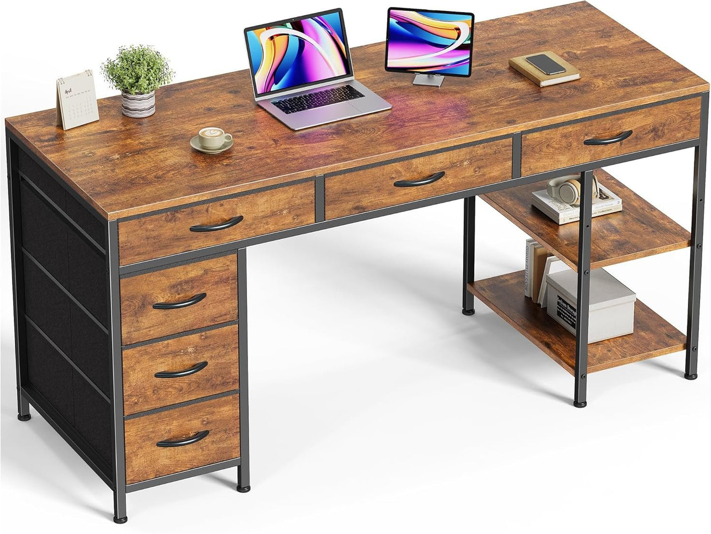 54 Inch Computer Desk With 6 Drawers And Shelves Rustic Brown