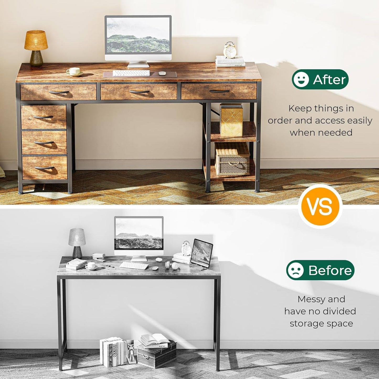 54 Inch Computer Desk With 6 Drawers And Shelves Rustic Brown
