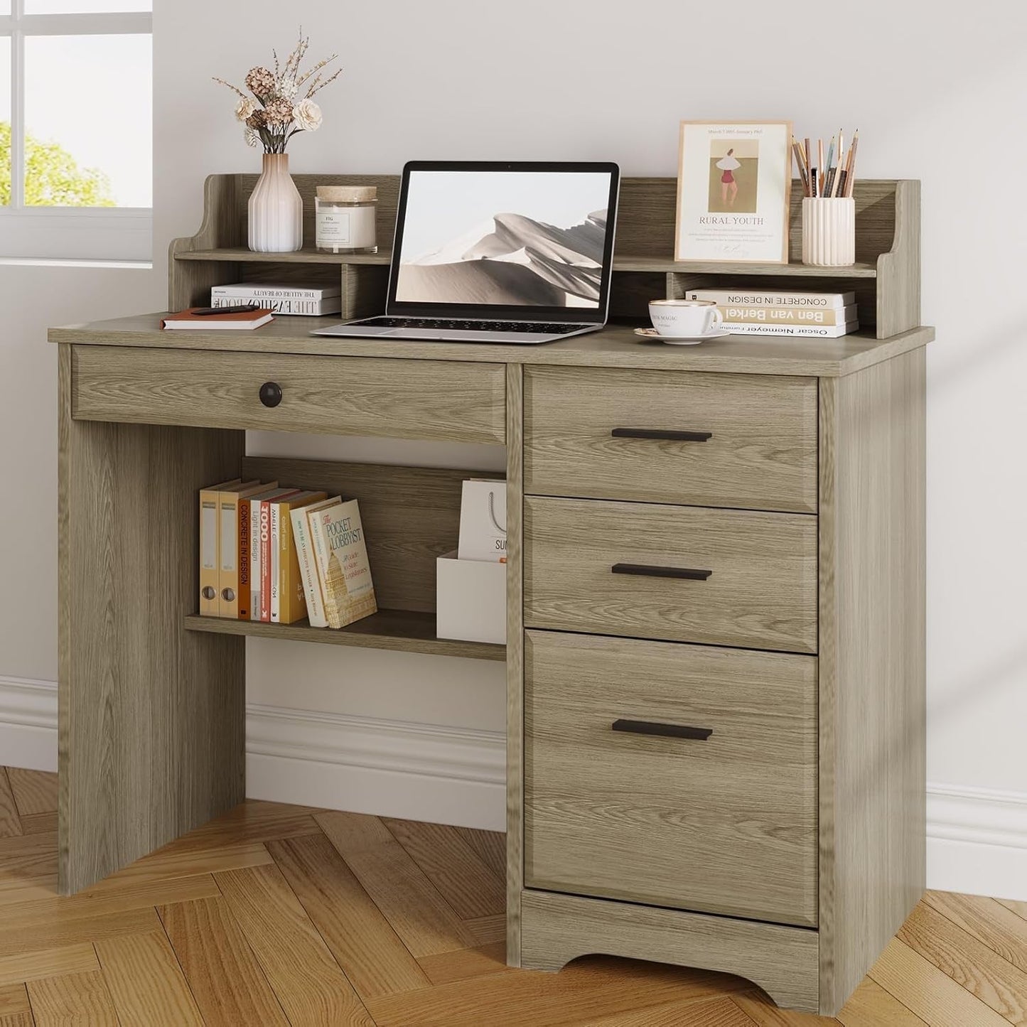Grey Computer Desk With Drawers And Monitor Stand For Home Office