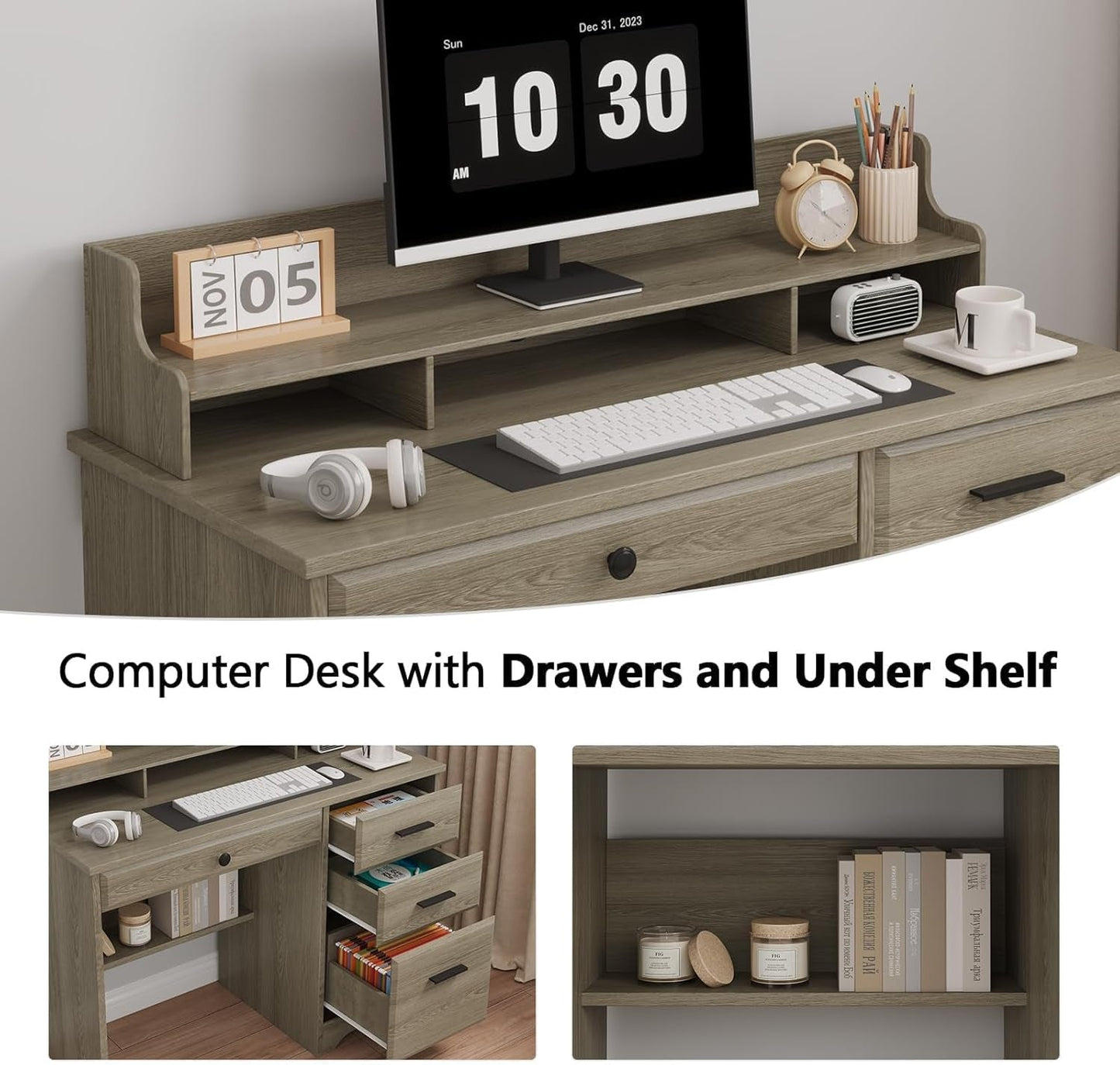 Grey Computer Desk With Drawers And Monitor Stand For Home Office