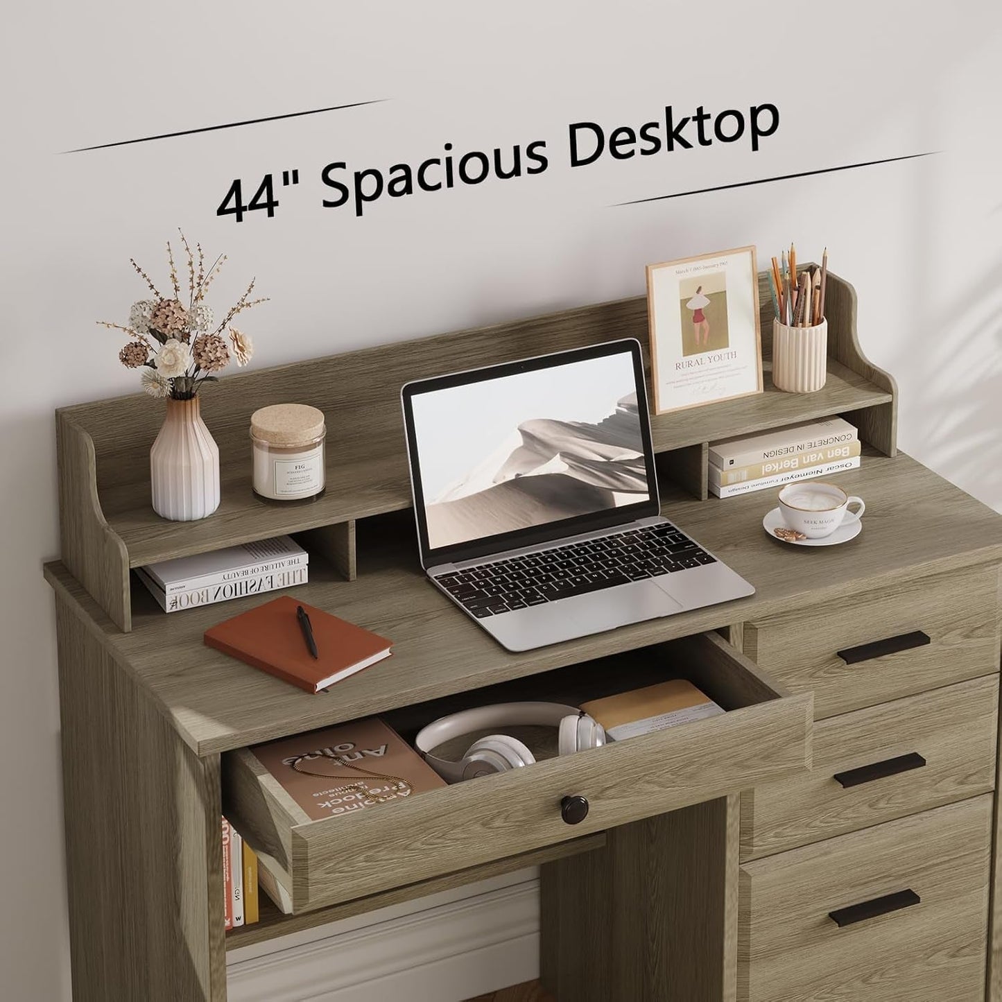 Grey Computer Desk With Drawers And Monitor Stand For Home Office