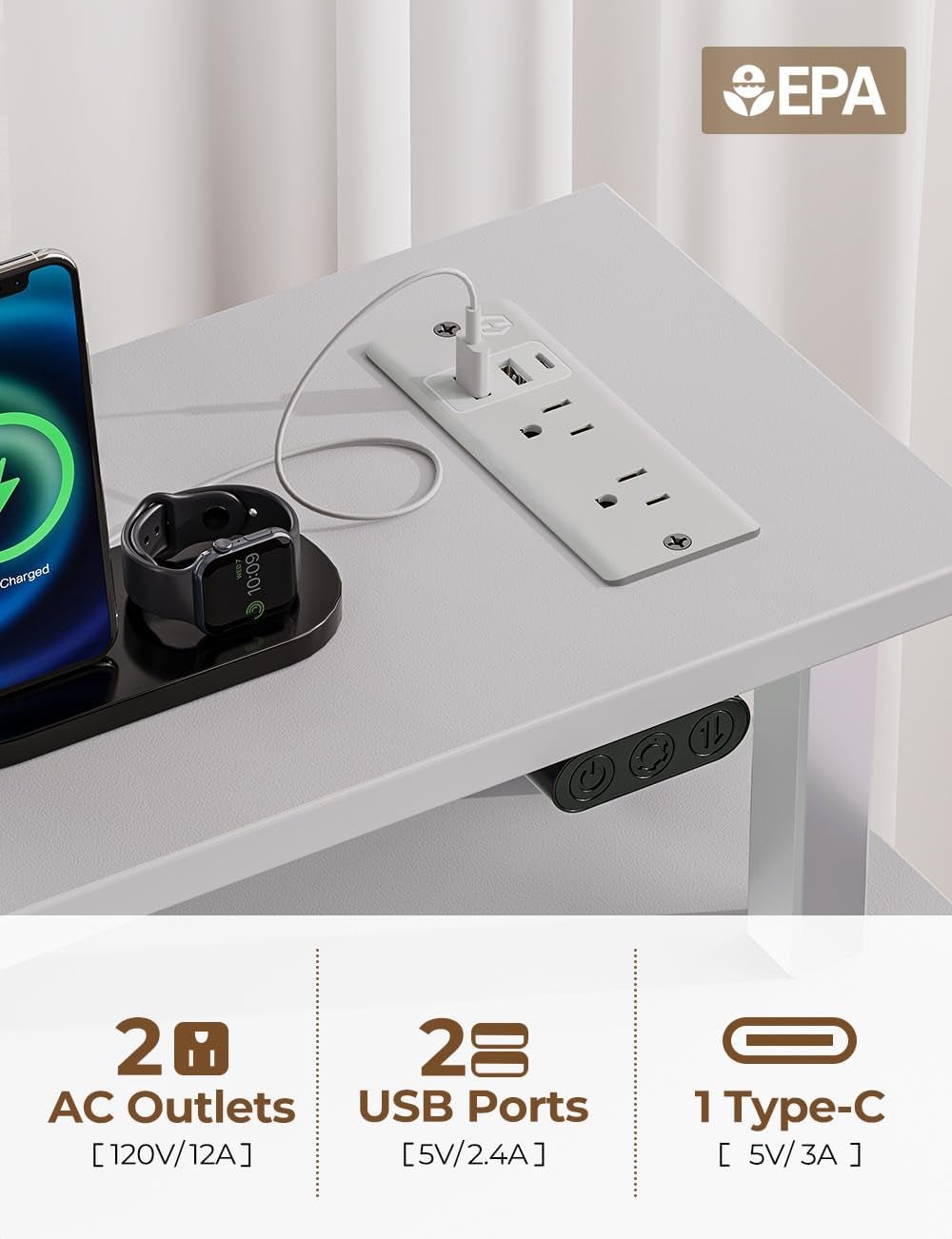Computer Desk with Power Outlets and LED Light