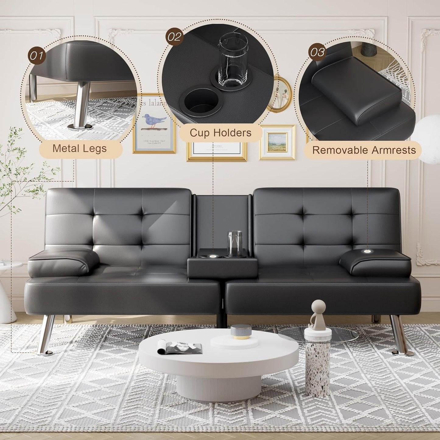 Convertible Futon Sofa Bed with Adjustable Backrest and Cup Holders