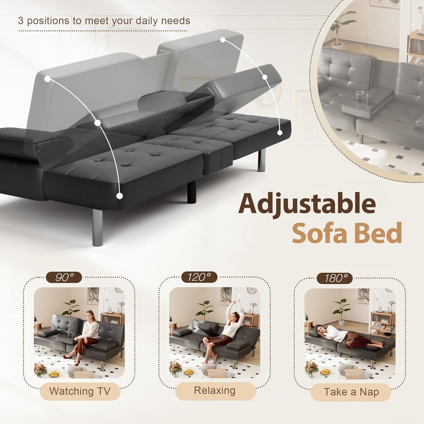 Convertible Futon Sofa Bed with Adjustable Backrest and Cup Holders
