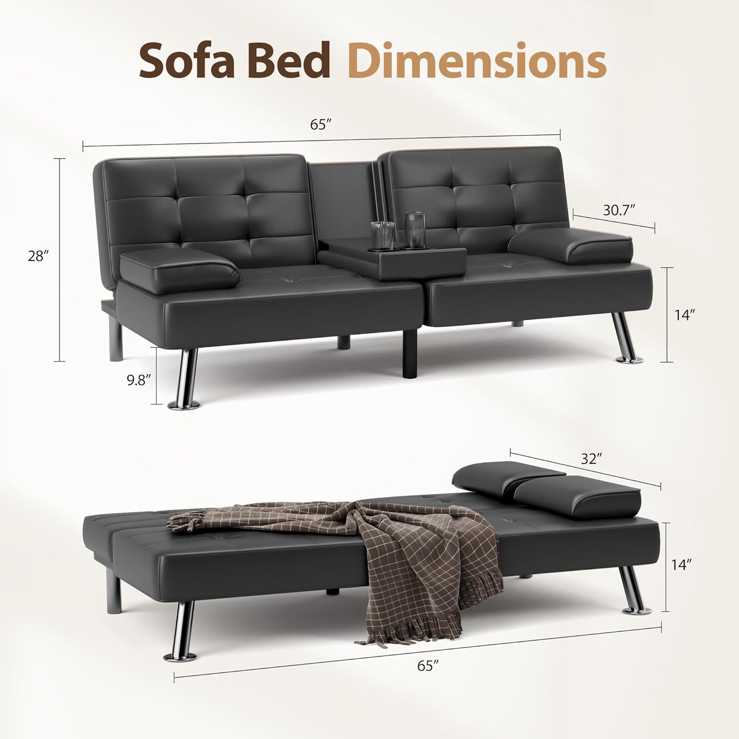 Convertible Futon Sofa Bed with Adjustable Backrest and Cup Holders