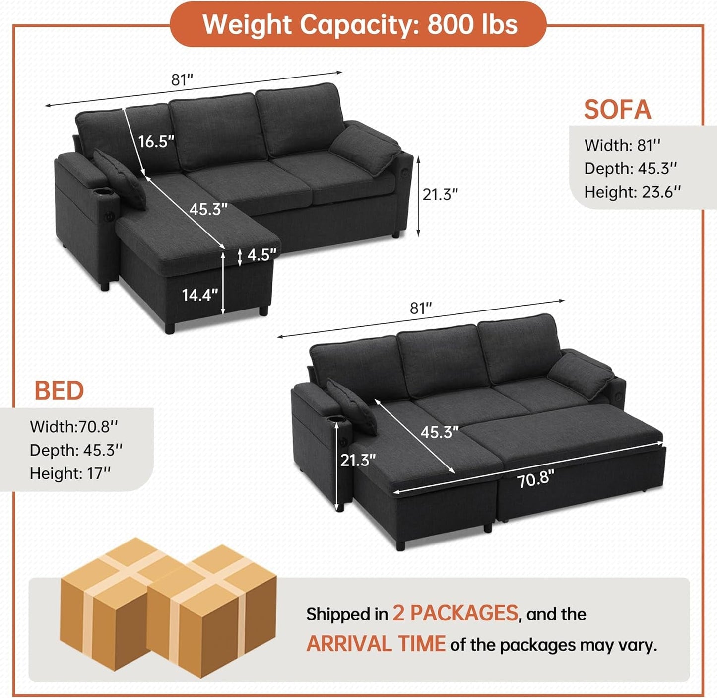 Convertible L-Shaped Sofa Bed with Storage and USB