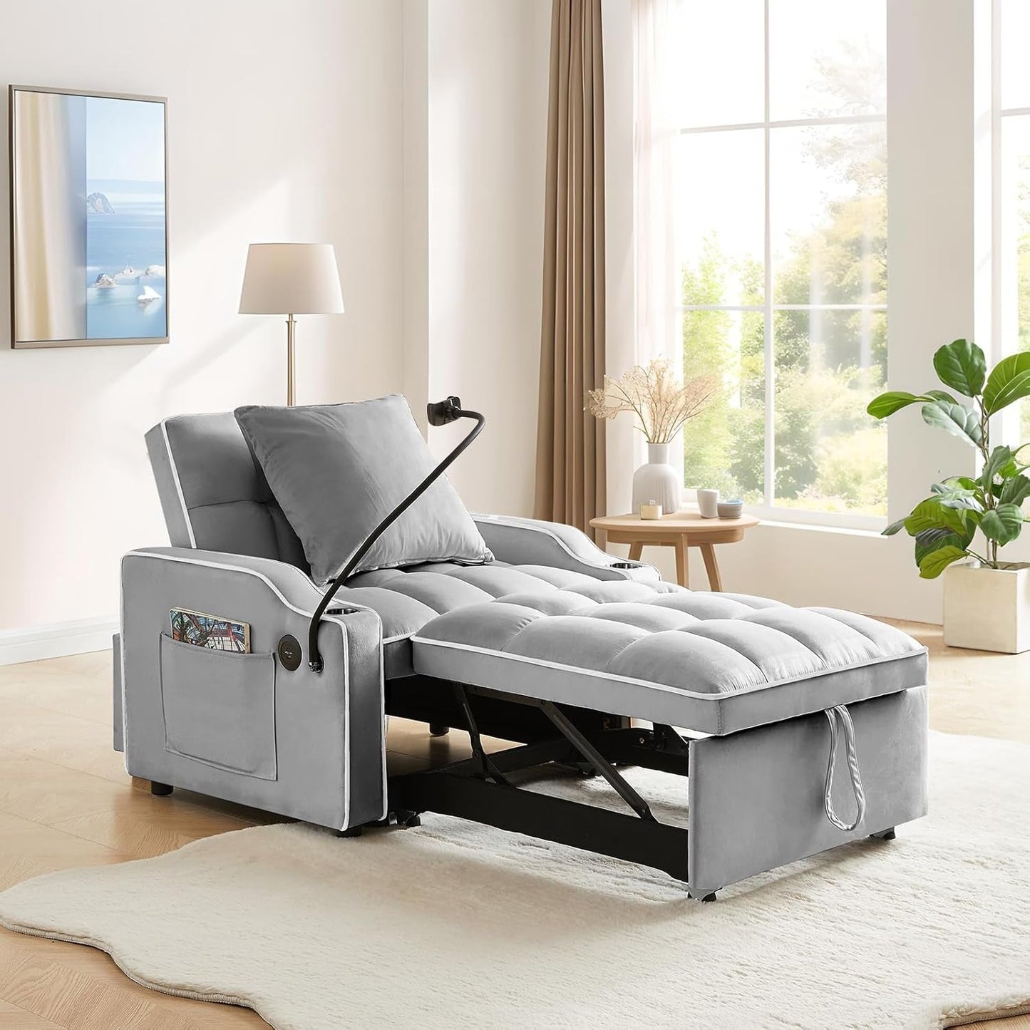 Convertible Sleeper Chair Bed with USB Ports and Holder