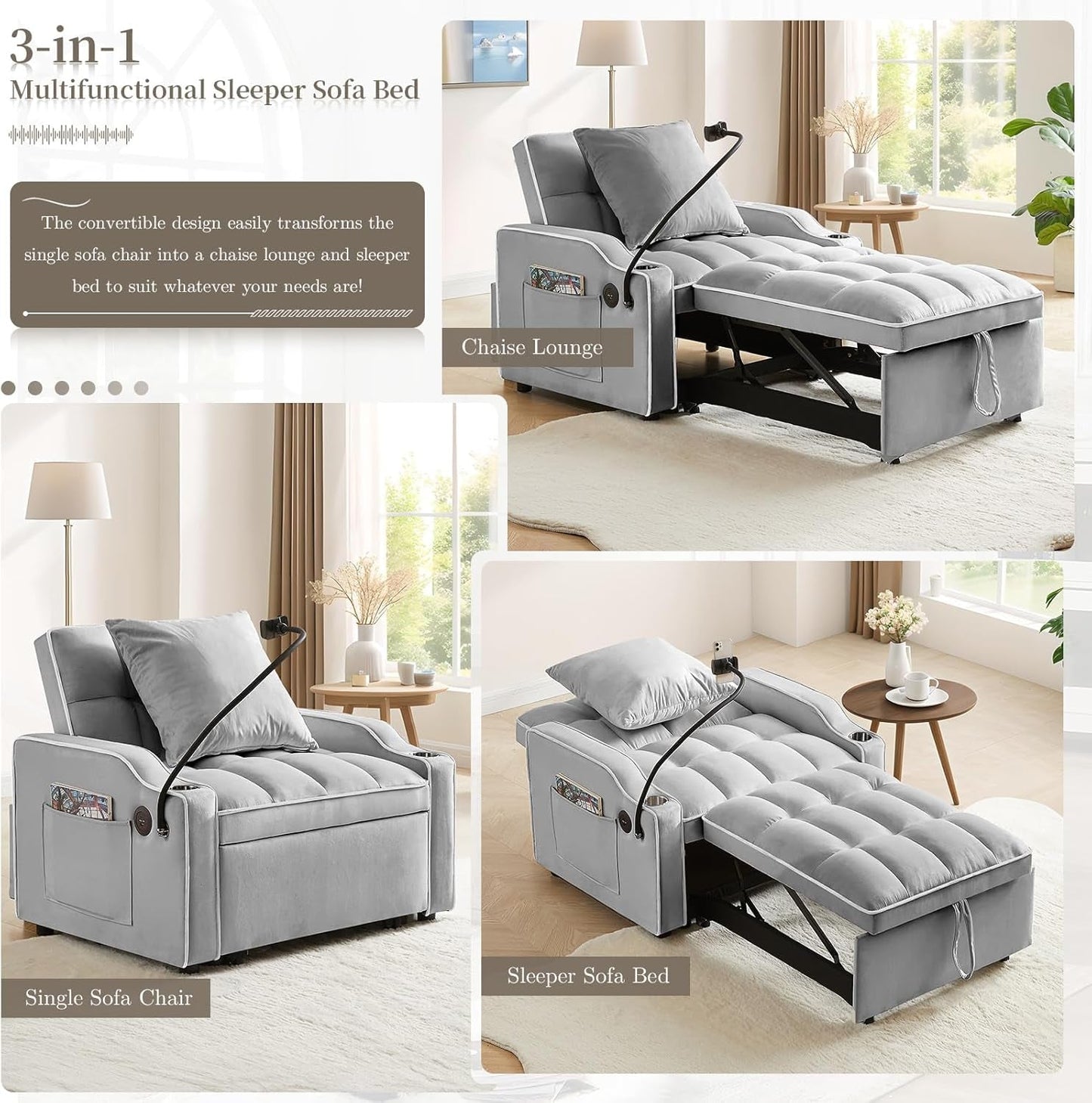 Convertible Sleeper Chair Bed with USB Ports and Holder