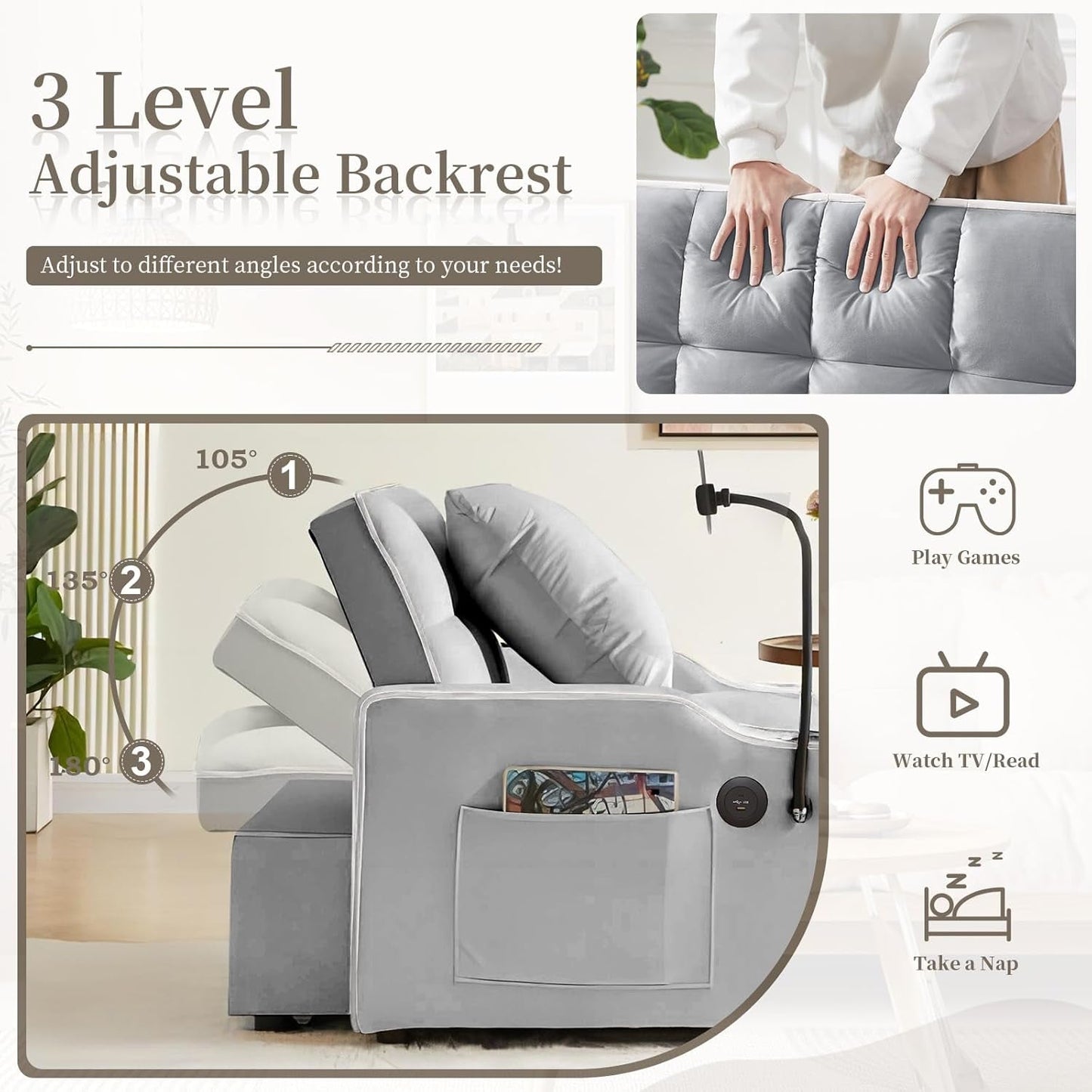 Convertible Sleeper Chair Bed with USB Ports and Holder