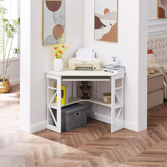 Corner Computer Desk with Keyboard Tray and Storage Shelves