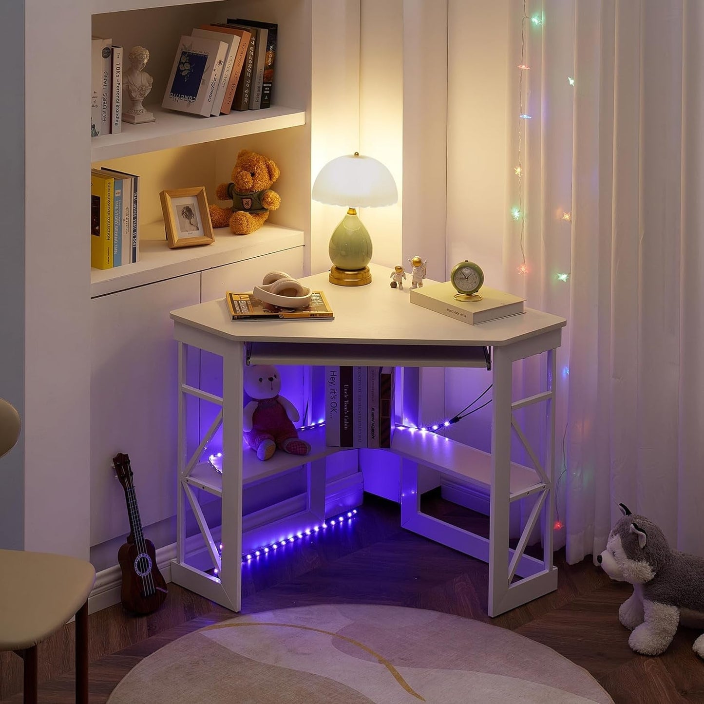 Corner Computer Desk with Keyboard Tray and Storage Shelves