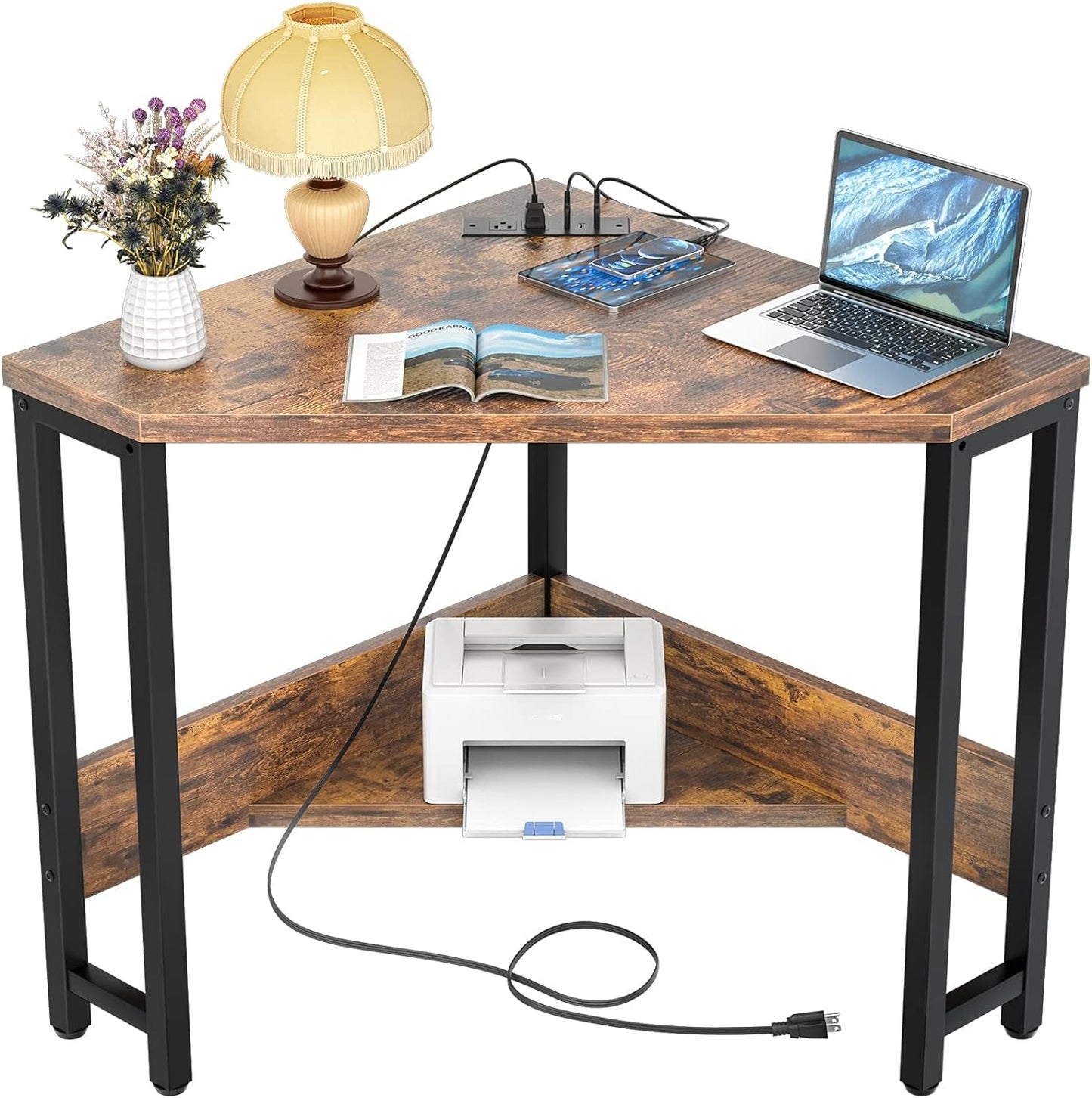 Compact Corner Desk With USB Ports And Power Outlets