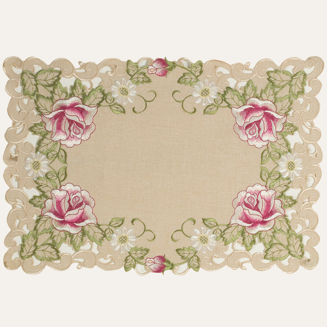 European Embroidered Placemats – Beige Table Mats with Rustic Dining Decor