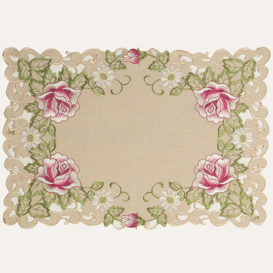 European Embroidered Placemats – Beige Table Mats with Rustic Dining Decor