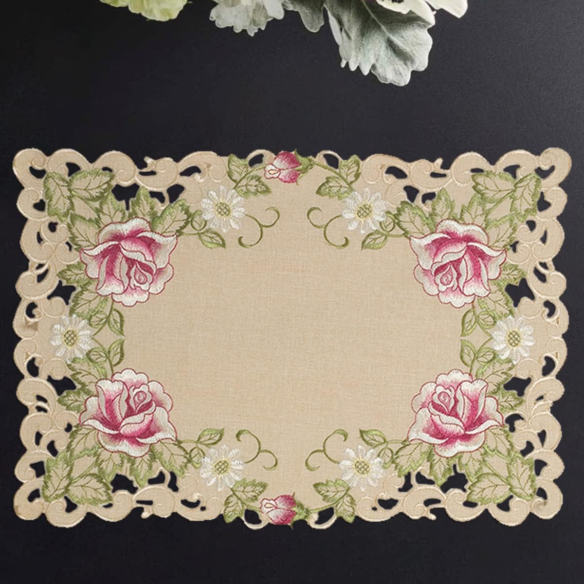 European Embroidered Placemats – Beige Table Mats with Rustic Dining Decor