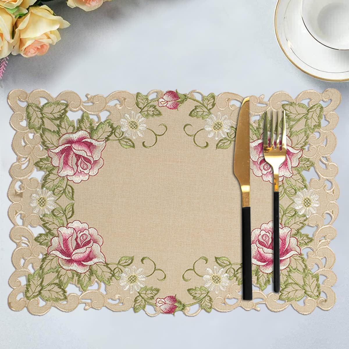 European Embroidered Placemats – Beige Table Mats with Rustic Dining Decor
