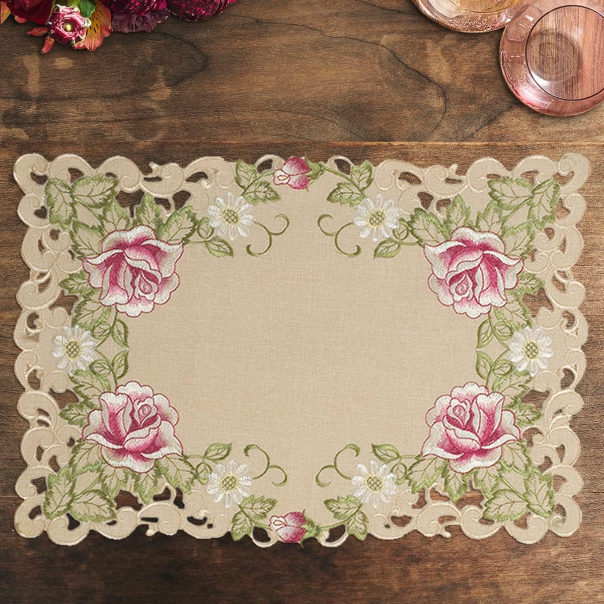 European Embroidered Placemats – Beige Table Mats with Rustic Dining Decor