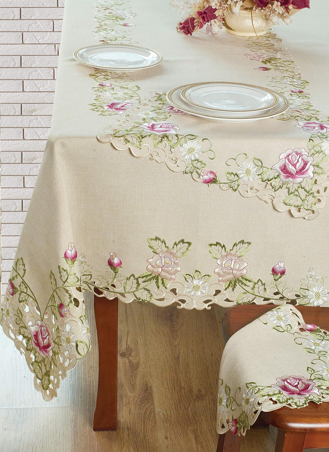 European Embroidered Placemats – Beige Table Mats with Rustic Dining Decor