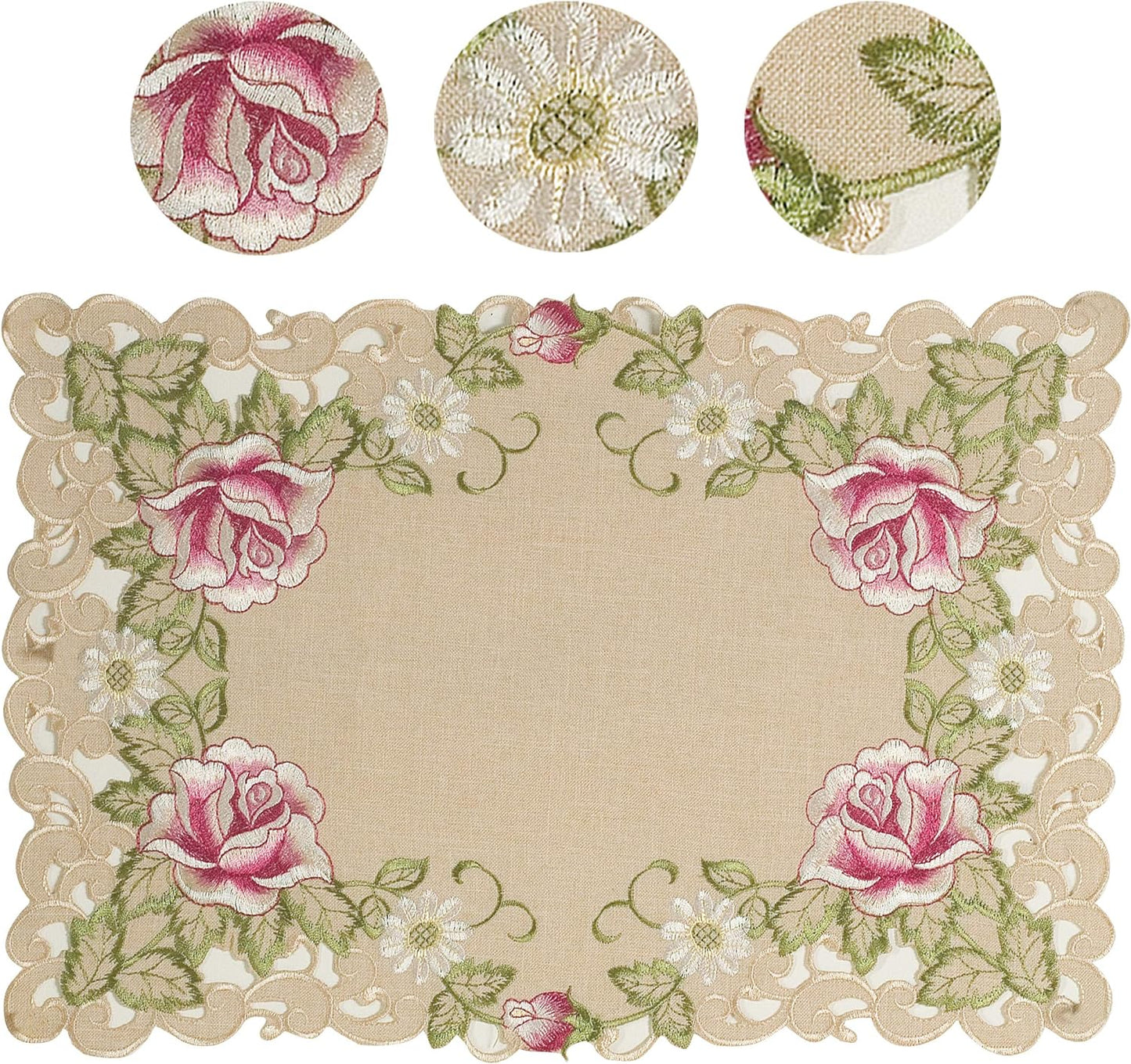 European Embroidered Placemats – Beige Table Mats with Rustic Dining Decor