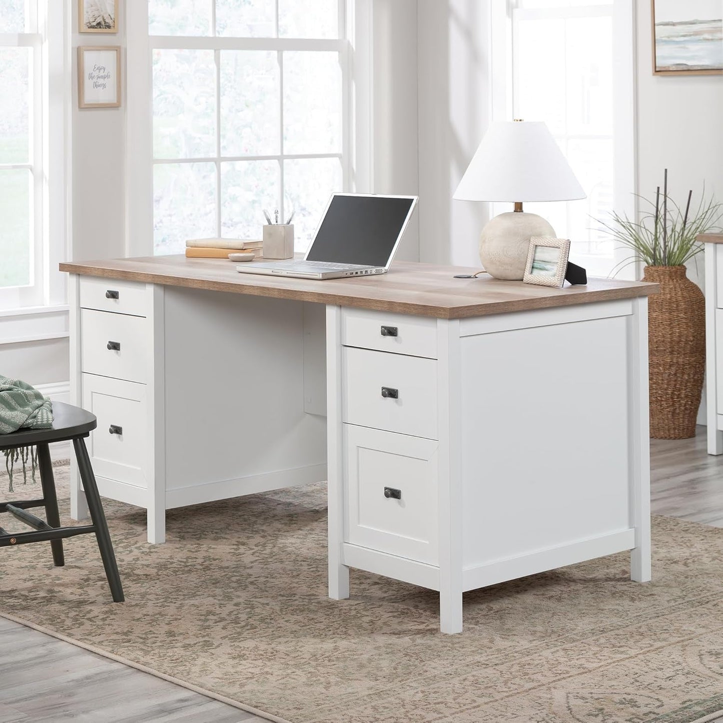 Cottage Style Executive Desk with Spacious White Surface