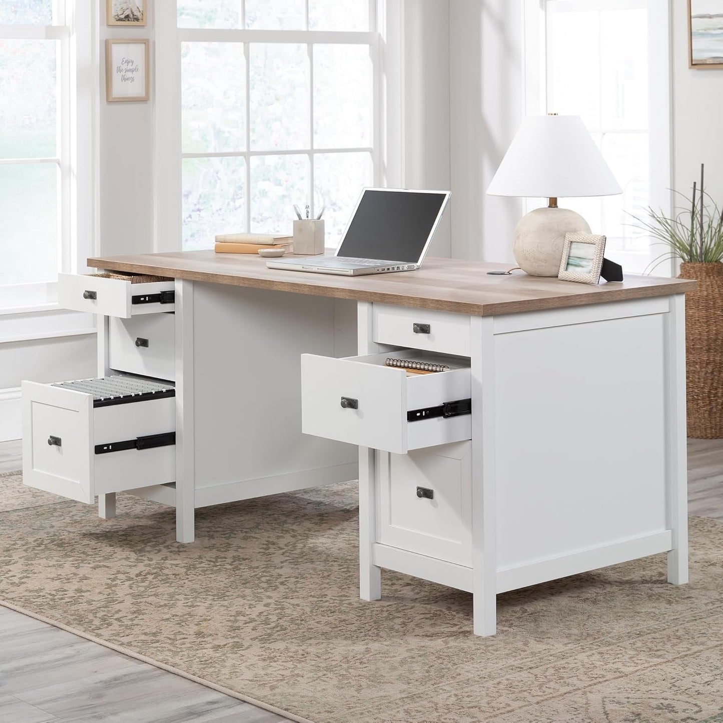 Cottage Style Executive Desk with Spacious White Surface