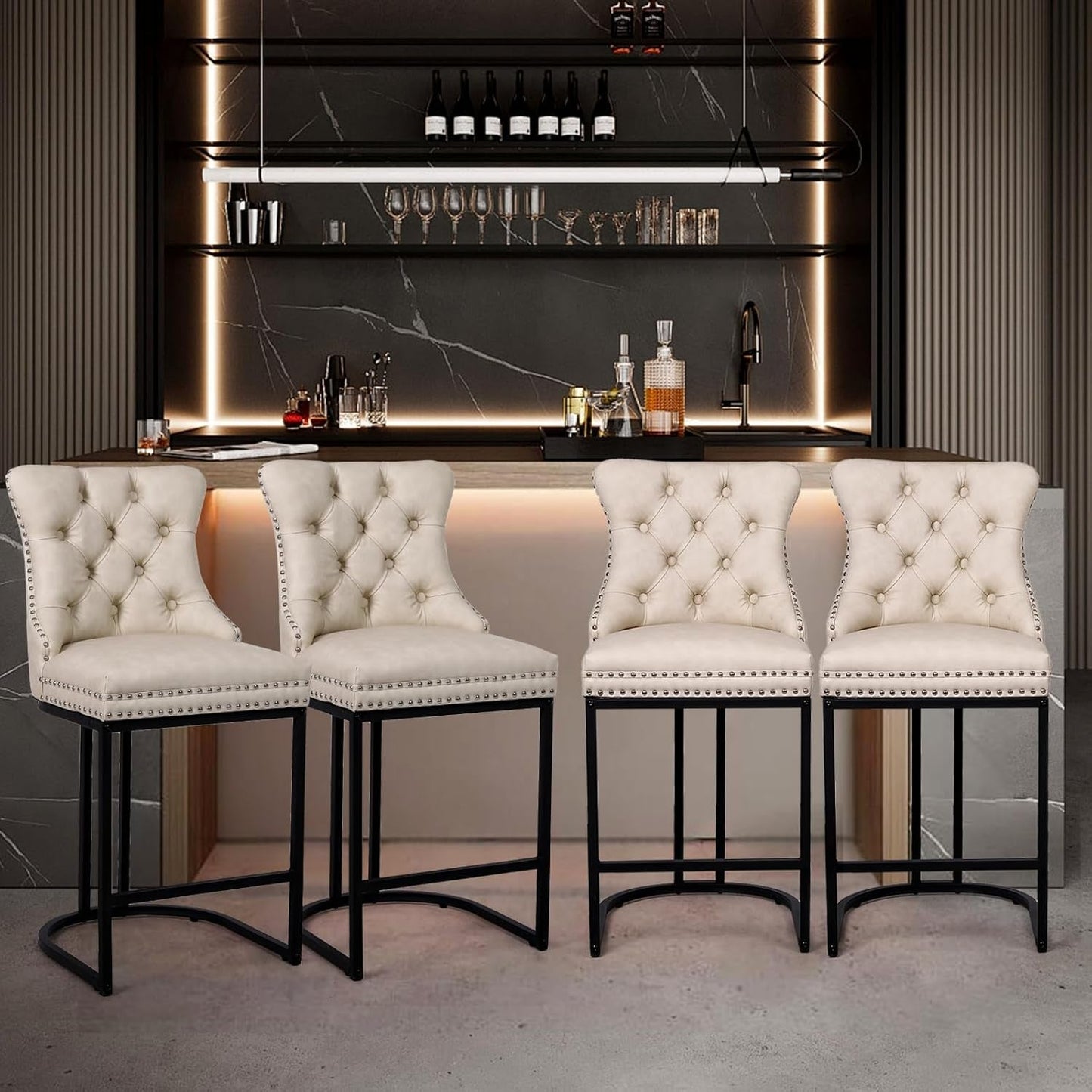 24 Inch Counter Height Bar Stools Beige With Back Faux Leather