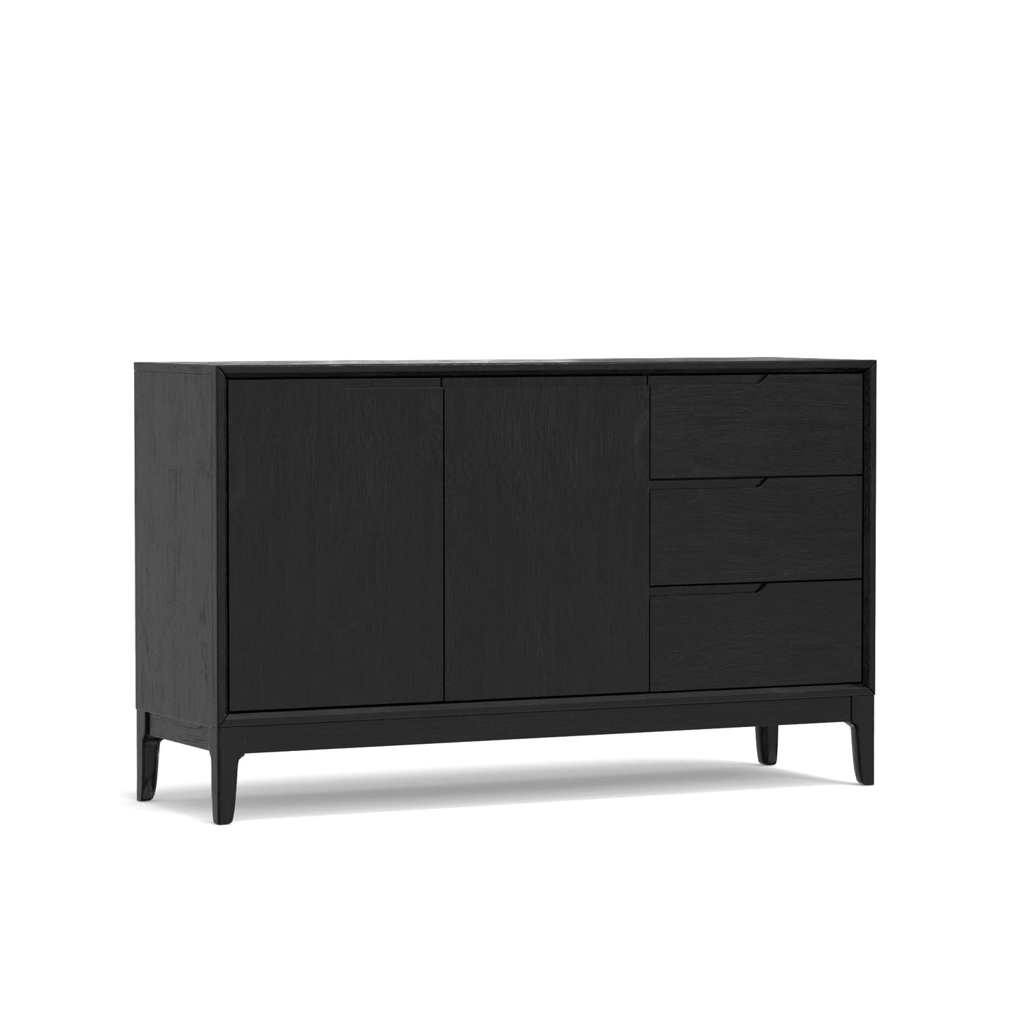 Cove Sideboard in vintage black finish featuring two cabinets and three drawers for ample storage.
