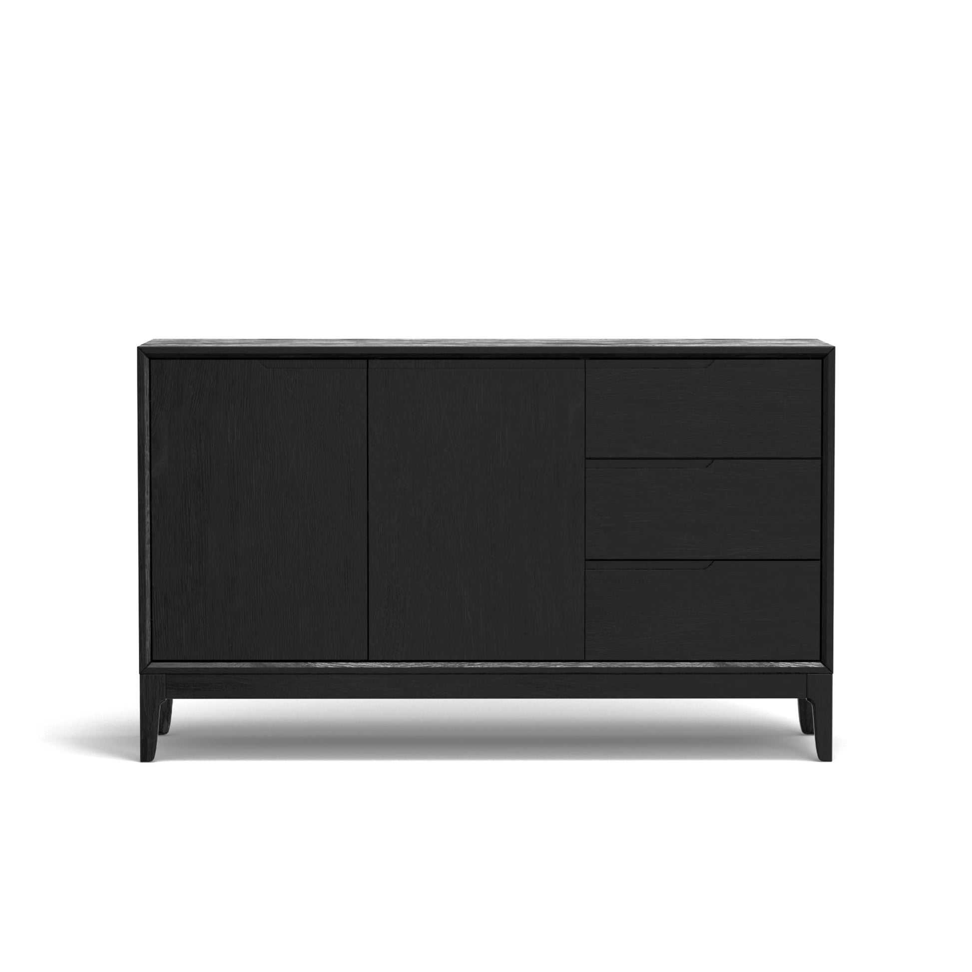 Cove Sideboard in vintage black finish featuring two cabinets and three drawers for ample storage.