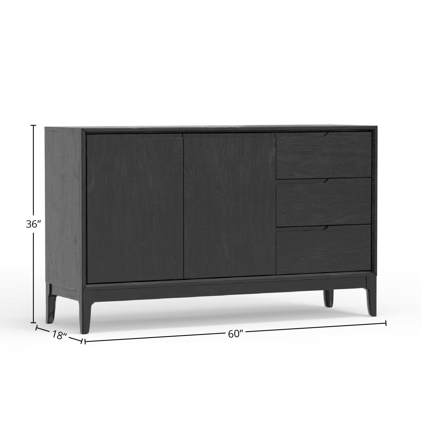 Cove Sideboard in vintage black finish, showcasing ample storage with three drawers and two cabinets, stylish and durable design.