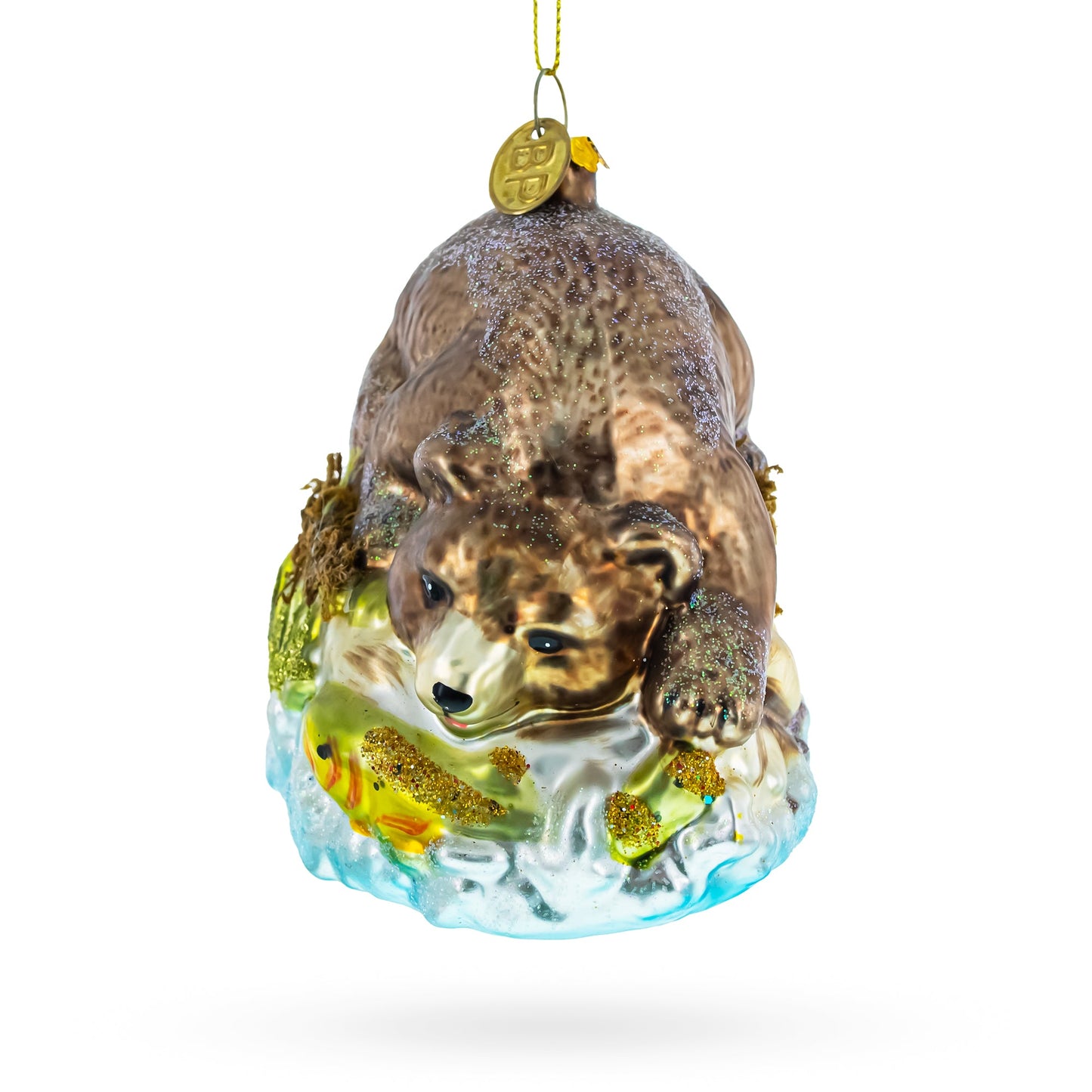 Wild Bear Watching Fish Glass Christmas Ornament