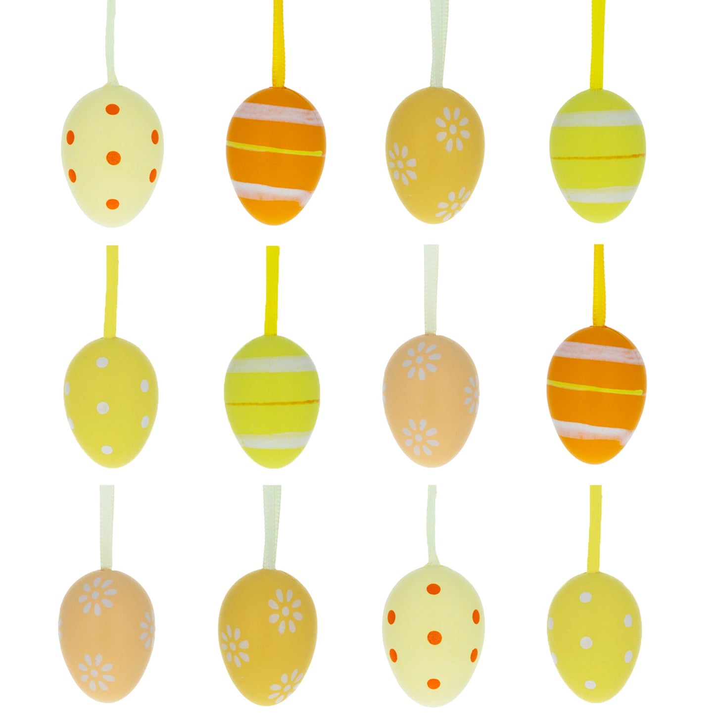Set of 12 Miniature Pastel Yellow Polka Dot, Flowers, Stripes Plastic Easter Egg Ornaments 1.5 Inches