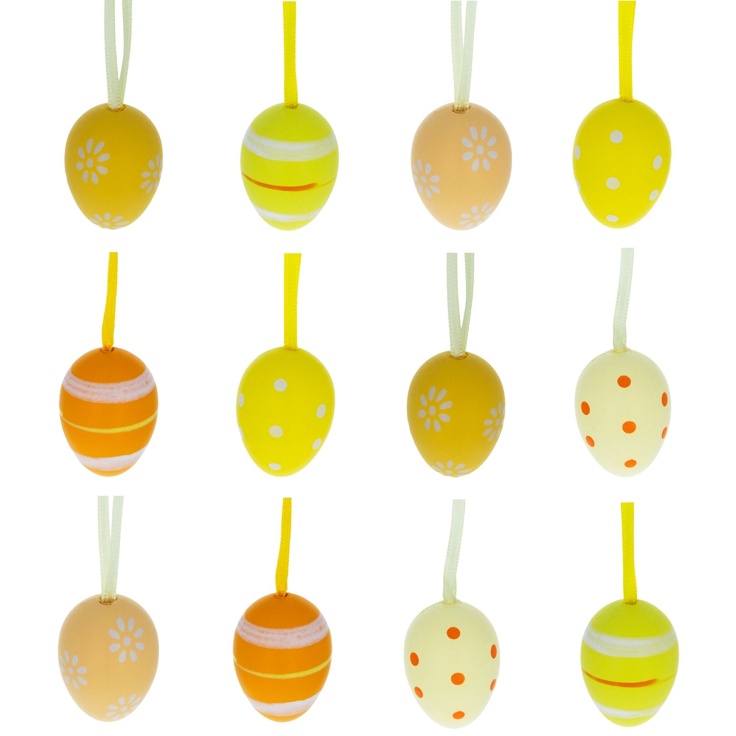Set of 12 Miniature Pastel Yellow Polka Dot, Flowers, Stripes Plastic Easter Egg Ornaments 1.5 Inches