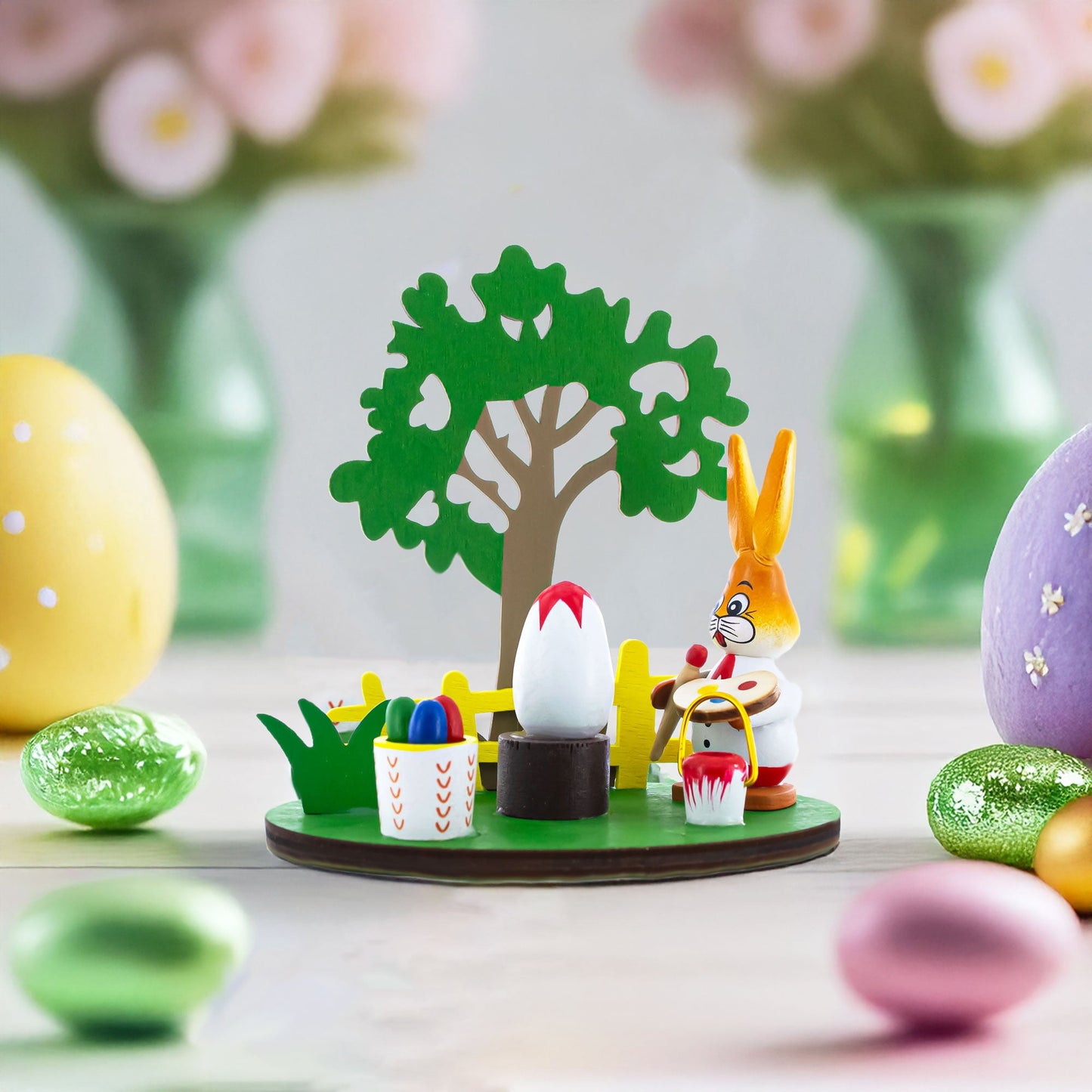 Wooden Bunny Figurine Decorating Easter Eggs