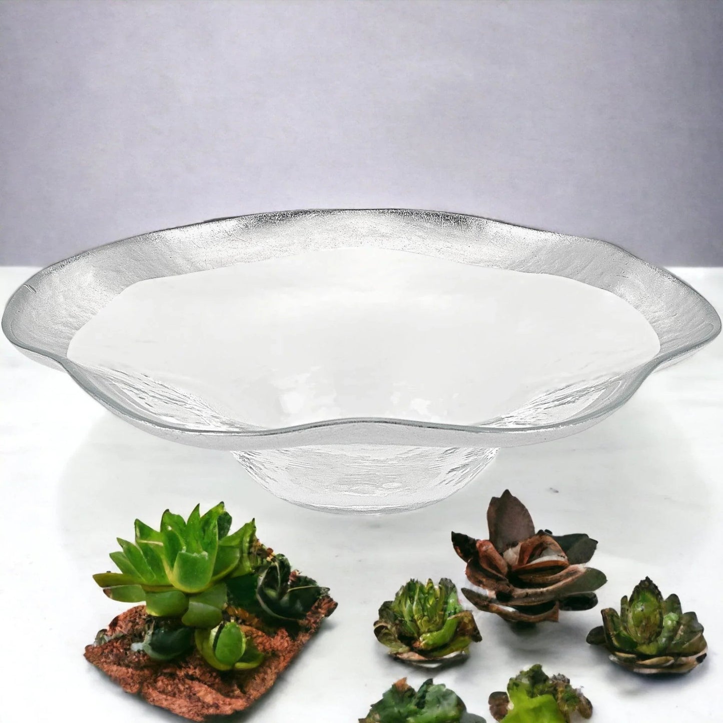 Crystal Glass Wave Bowl with Silver Leaf Pattern