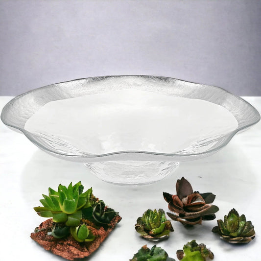Crystal Glass Wave Bowl with Silver Leaf Pattern