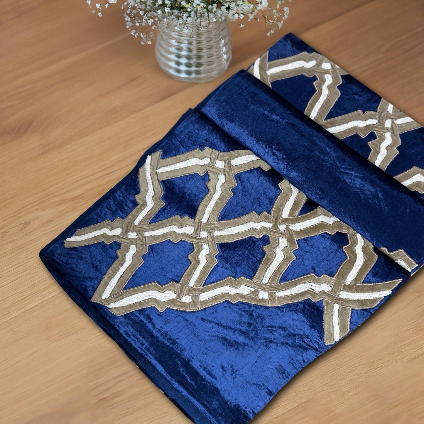 Decorative Table Runner – Embroidered Velvet Runner with Satin Backing for Dining Table Decor