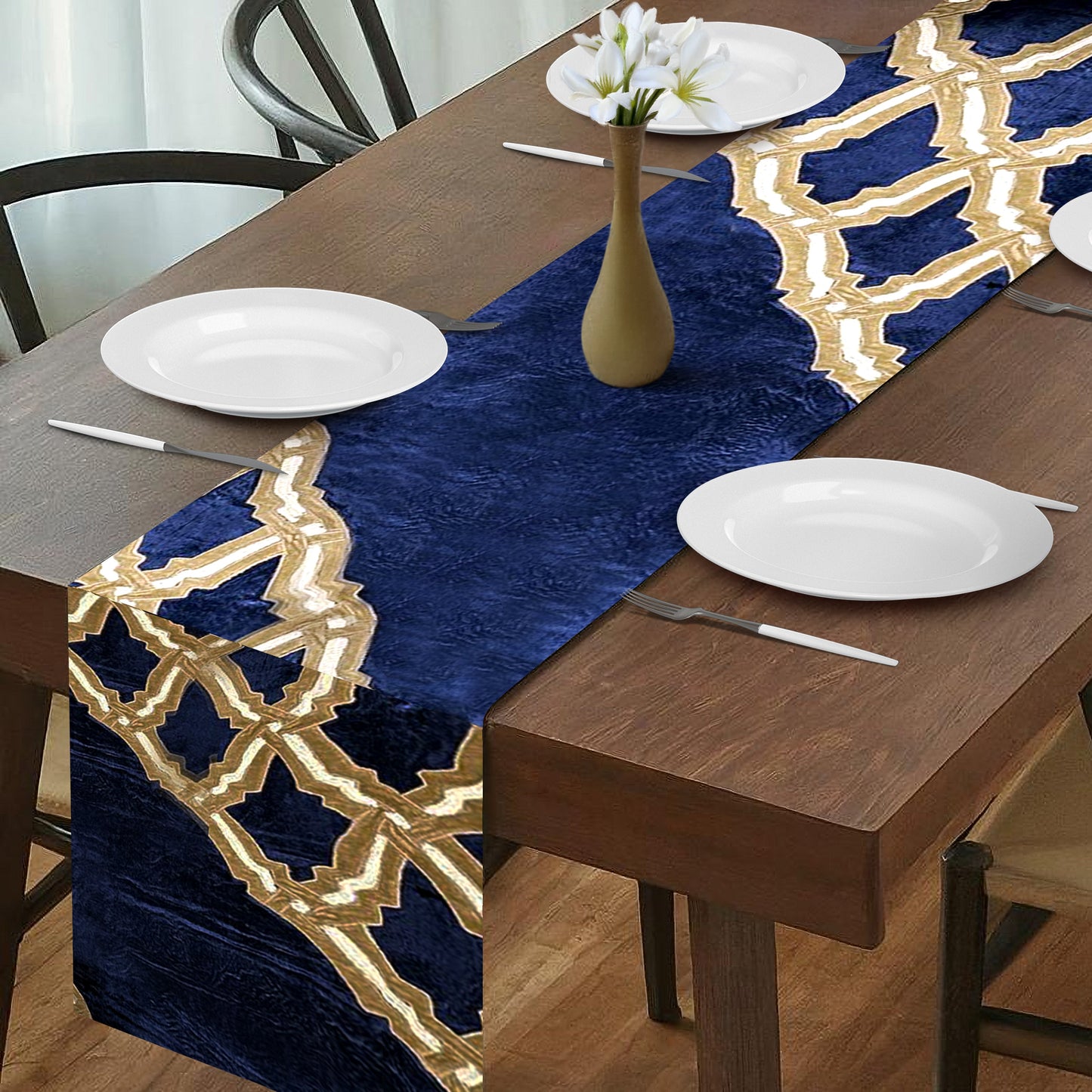 Decorative Table Runner – Embroidered Velvet Runner with Satin Backing for Dining Table Decor