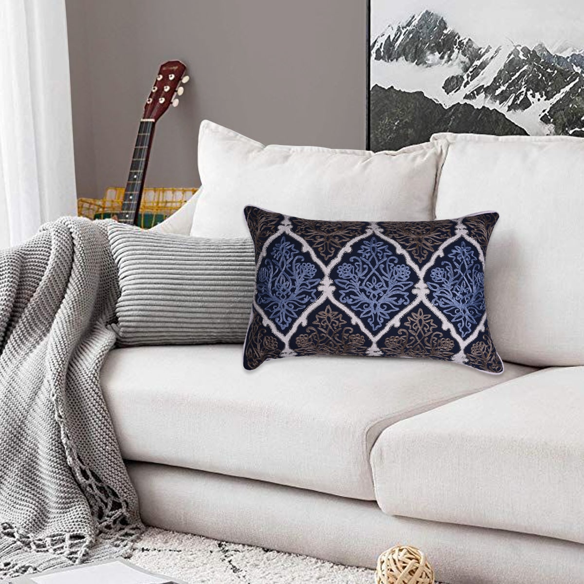 Throw Pillow Covers - Blue Brown Pillow Set, Embroidered Linen Cushion Covers 14x20